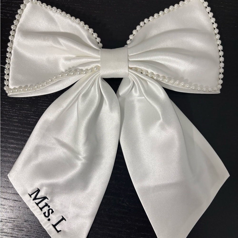 White Pearl-Trim Satin Bow Hair Accessory with Custom Initial